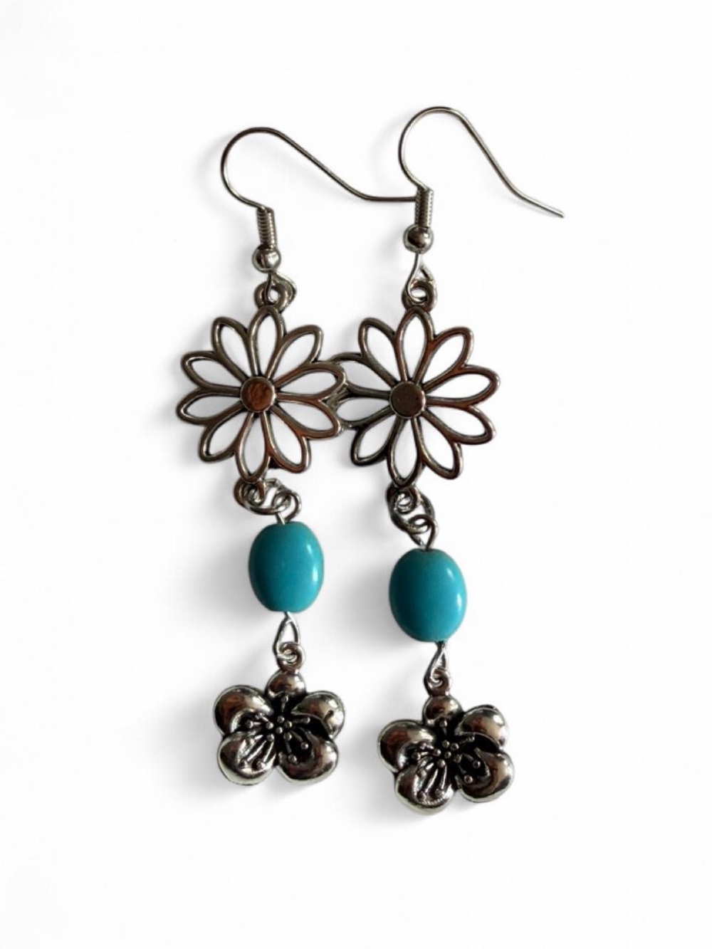 Handmade Silver Daisy & Turquoise Dangle Earrings